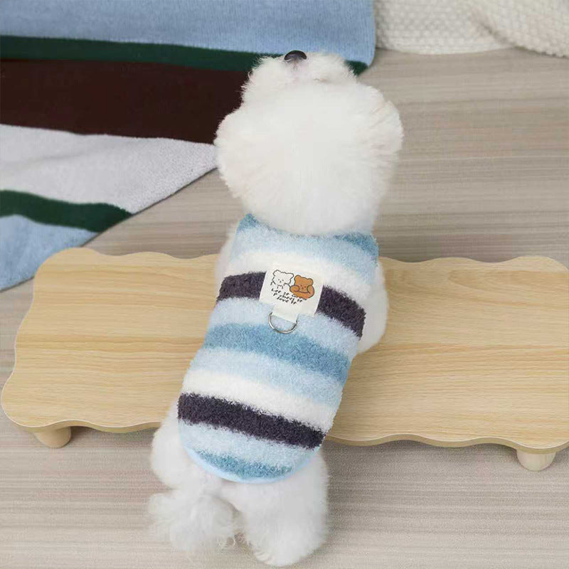 HKM-5788221 Cozy Striped Fuzzy Vest for Small to Medium Dogs - Cute Bear Patch Design