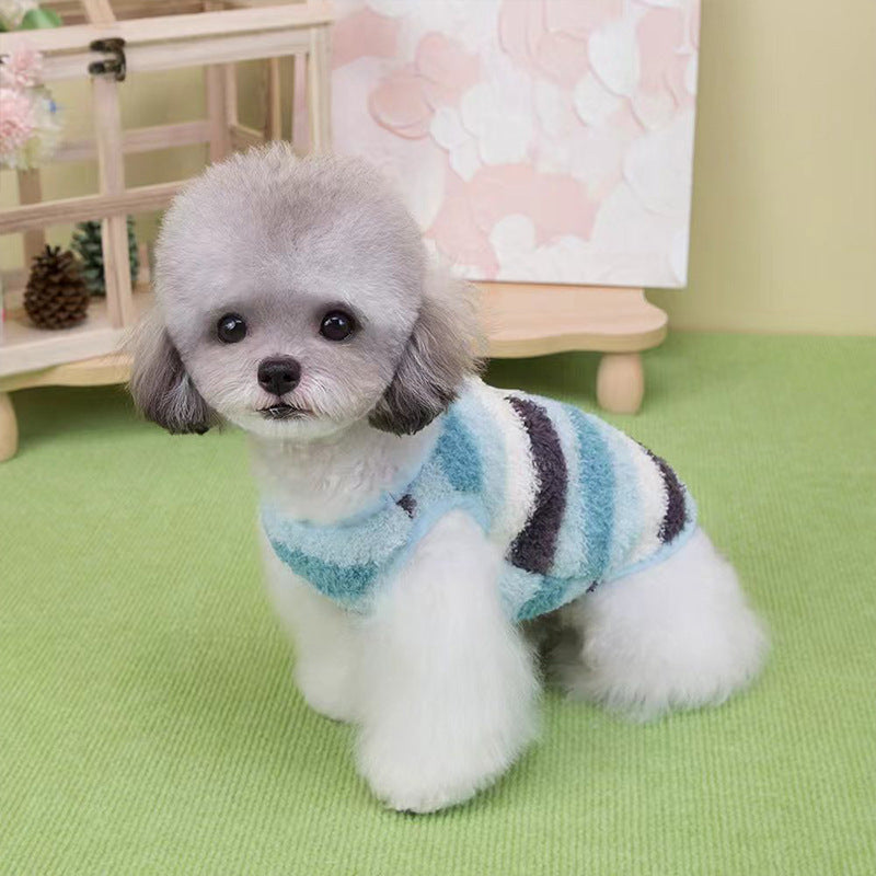 HKM-5788221 Cozy Striped Fuzzy Vest for Small to Medium Dogs - Cute Bear Patch Design