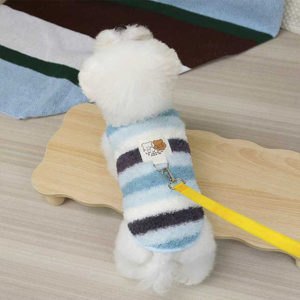 HKM-5788221 Cozy Striped Fuzzy Vest for Small to Medium Dogs - Cute Bear Patch Design