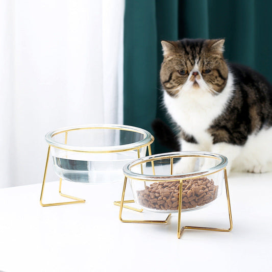HKM-5789629 Tilted Glass Pet Bowl for Cats and Dogs - Available in Small 480ml and Large 800ml Sizes