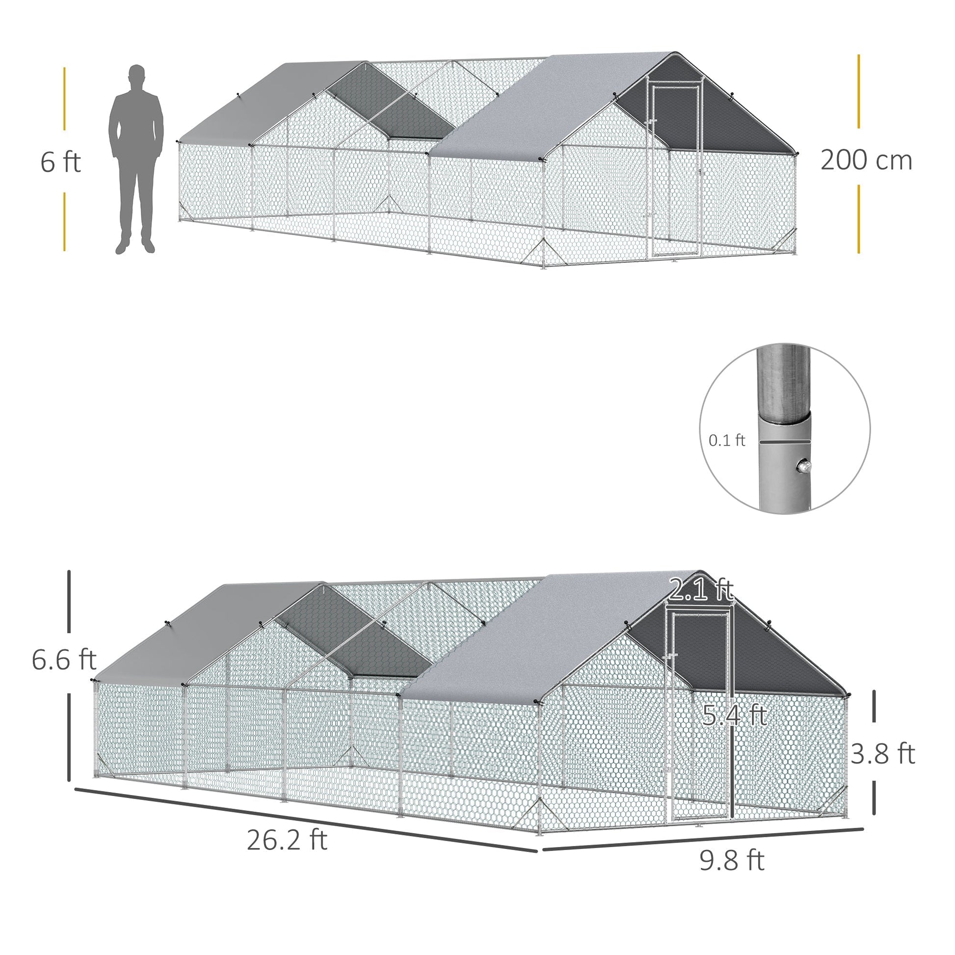 HKM-5793085 Galvanized Steel Chicken Coop with Waterproof Anti-UV Cover for Outdoor Use - 9.8' x 26.2' x 6.6'