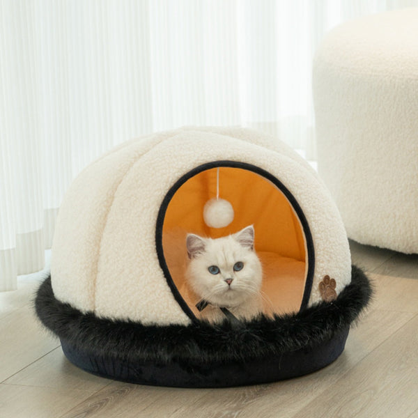 HKM-5793469 Warm Apricot Lamb Wool Semi-Enclosed Cat Bed for Dogs and Cats - 46cm