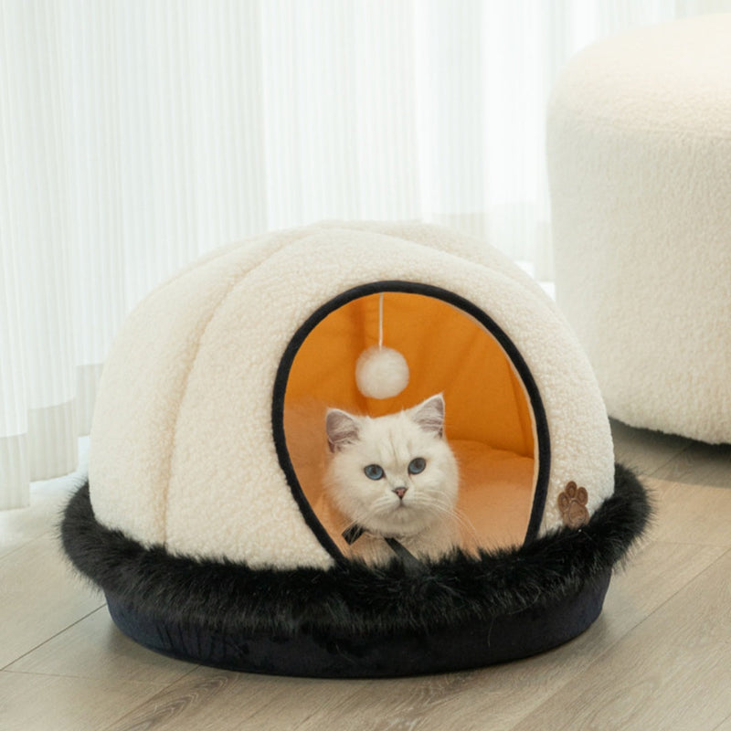 HKM-5793469 Warm Apricot Lamb Wool Semi-Enclosed Cat Bed for Dogs and Cats - 46cm