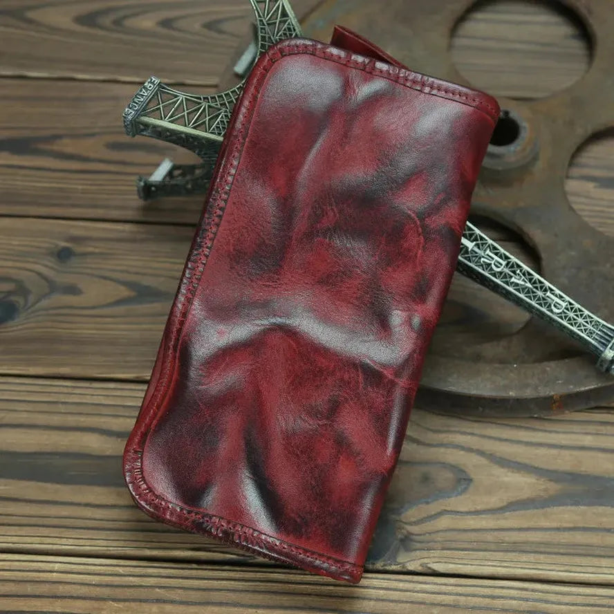 HKM-579475 Genuine Leather Long Wallet with Zipper Closure, Handmade, Retro Style, Available in Multiple Colours