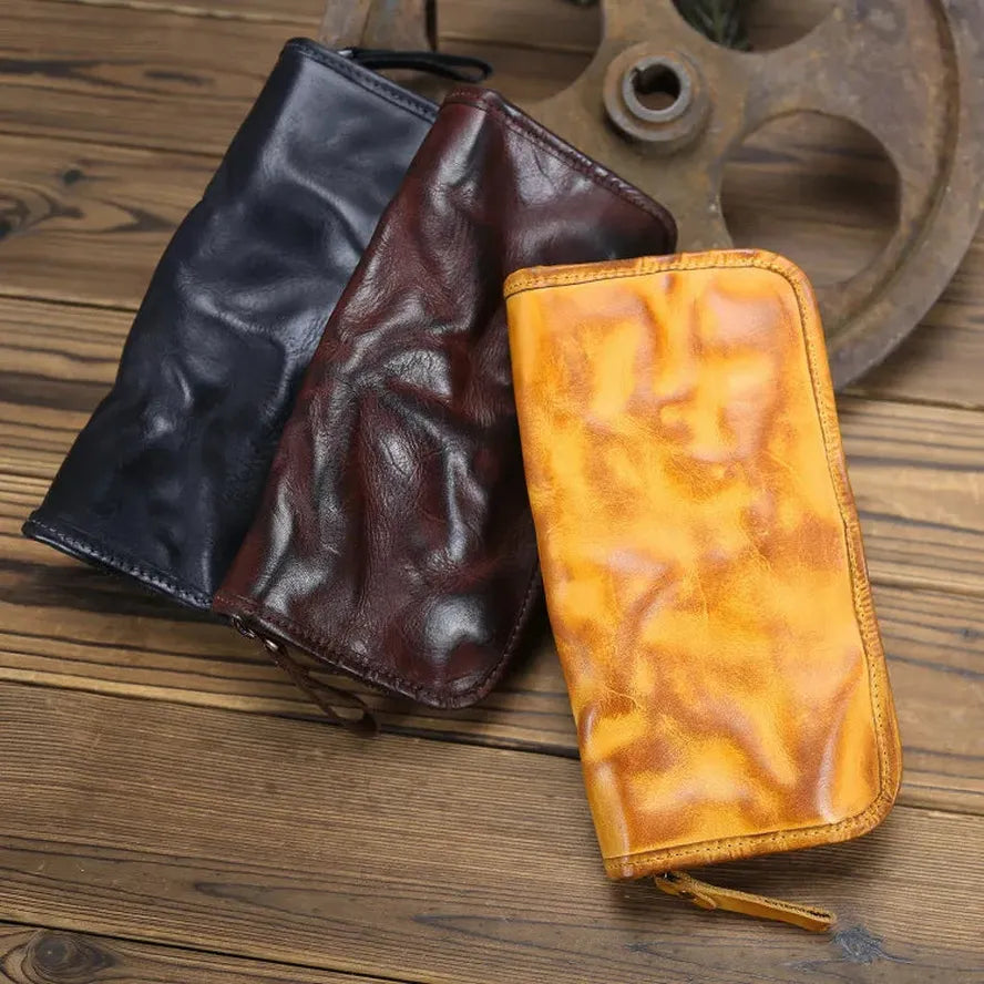 HKM-579475 Genuine Leather Long Wallet with Zipper Closure, Handmade, Retro Style, Available in Multiple Colours