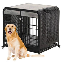 HKM-579731 Heavy Duty Wooden Dog Crate Table with Lockable Wheels and Removable Trays - 42 Inch Grey for Medium to Large Dogs