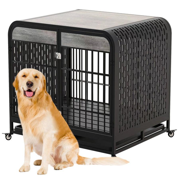 HKM-579731 Heavy Duty Wooden Dog Crate Table with Lockable Wheels and Removable Trays - 42 Inch Grey for Medium to Large Dogs