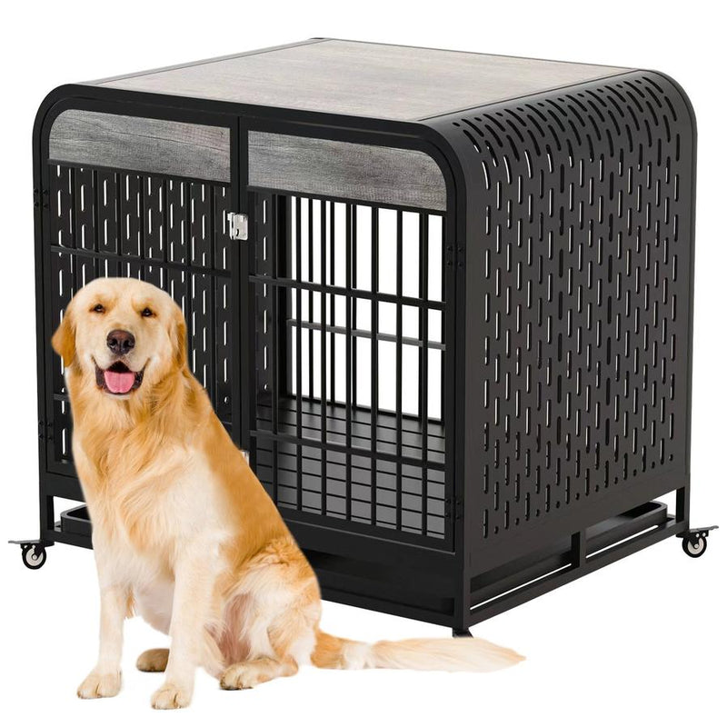 HKM-579731 Heavy Duty Wooden Dog Crate Table with Lockable Wheels and Removable Trays - 42 Inch Grey for Medium to Large Dogs