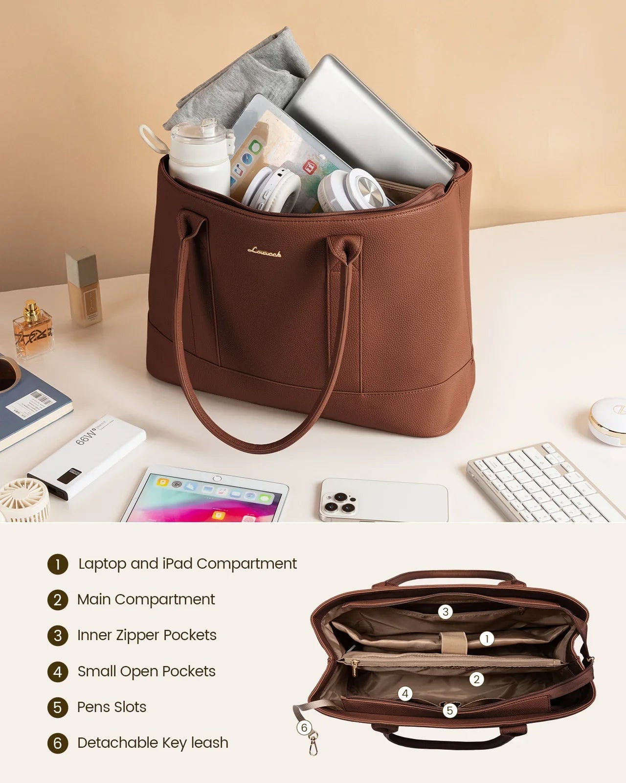 HKM-580115 Stylish Soft Leather Laptop Tote Bag for Women, 17-inch Office Briefcase and Shoulder Purse