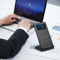 HKM-580435 Wireless Charging Alarm Clock with Mobile Phone Holder, LCD Display, Built-In Temperature Sensor, and Perpetual Calendar