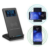 HKM-580435 Wireless Charging Alarm Clock with Mobile Phone Holder, LCD Display, Built-In Temperature Sensor, and Perpetual Calendar