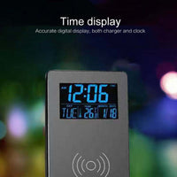 HKM-580435 Wireless Charging Alarm Clock with Mobile Phone Holder, LCD Display, Built-In Temperature Sensor, and Perpetual Calendar