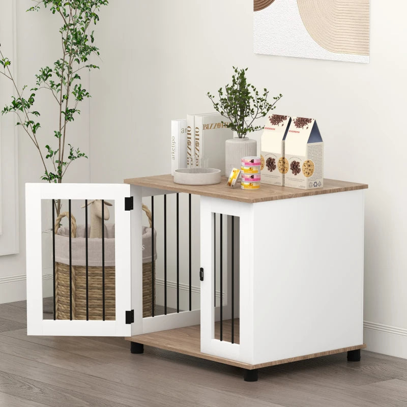 HKM-5804605 Walnut Brown Dog Kennel Furniture End Table with Lockable Door for Small and Medium Dogs