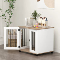 HKM-5804605 Walnut Brown Dog Kennel Furniture End Table with Lockable Door for Small and Medium Dogs