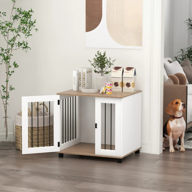 HKM-5804605 Walnut Brown Dog Kennel Furniture End Table with Lockable Door for Small and Medium Dogs