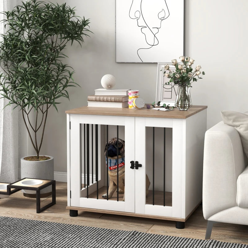 HKM-5804605 Walnut Brown Dog Kennel Furniture End Table with Lockable Door for Small and Medium Dogs