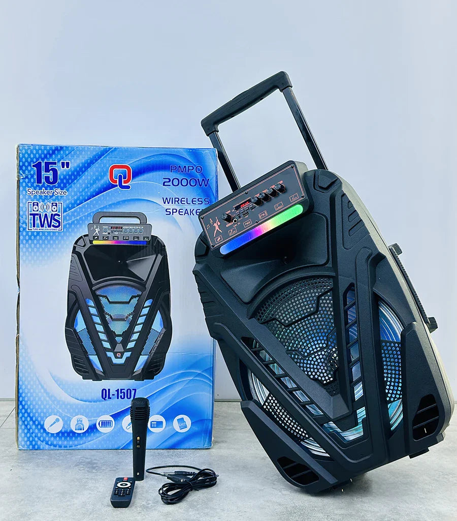 HKM-580563 15 Inch Portable Trolley Speaker with Wireless Sound and Subwoofer