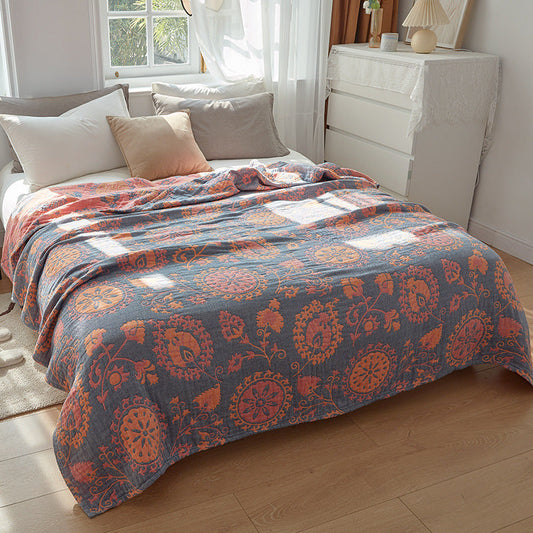 HKM-580563 Cotton Gauze Air Conditioning Blanket with Plant and Flower Pattern in Beige, Red, and Blue - Two Sizes Available