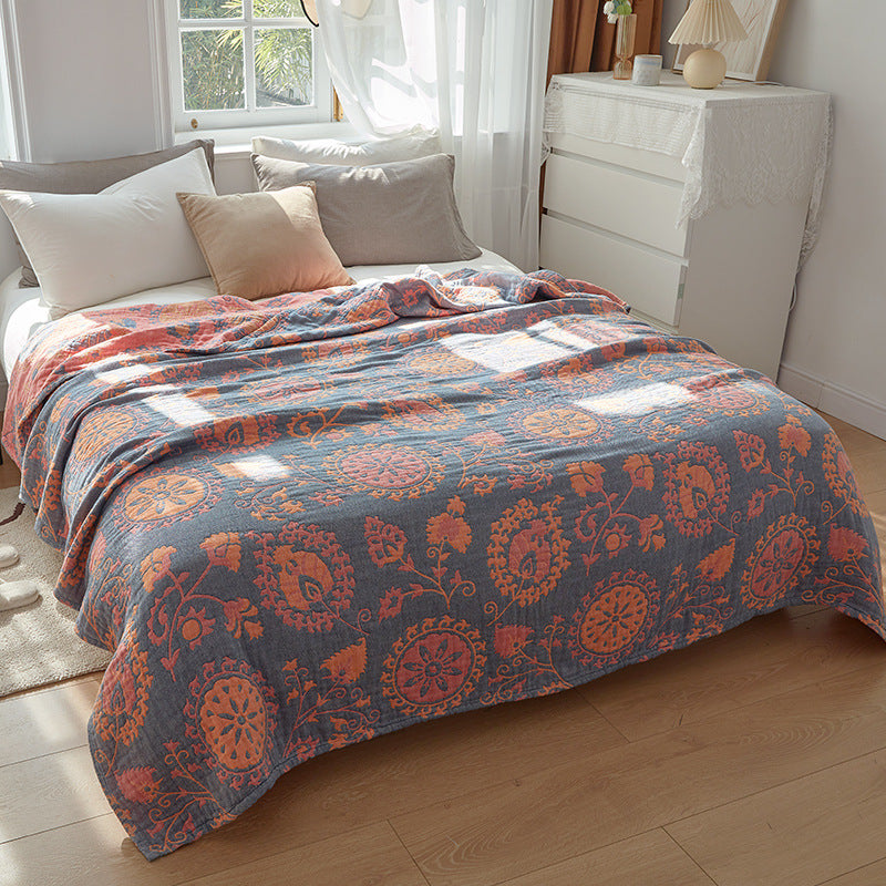 HKM-580563 Cotton Gauze Air Conditioning Blanket with Plant and Flower Pattern in Beige, Red, and Blue - Two Sizes Available