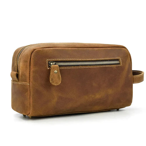 HKM-580627 Vintage Leather Cosmetic Bag for Men - Large Capacity Wash Bag in Genuine Cowhide