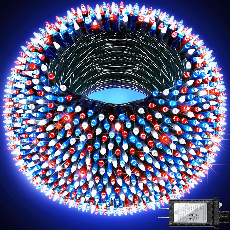 HKM-580755 470FT 1500 LED Outdoor String Lights with 12 Modes, Timer & Dimmable Function, Waterproof Red, Blue & White Lighting for Trees, Garages & Parties
