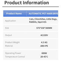 HKM-580819 Eco-Friendly 55L Automatic Smart Cat Hair Dryer with Low Noise Design for All Seasons