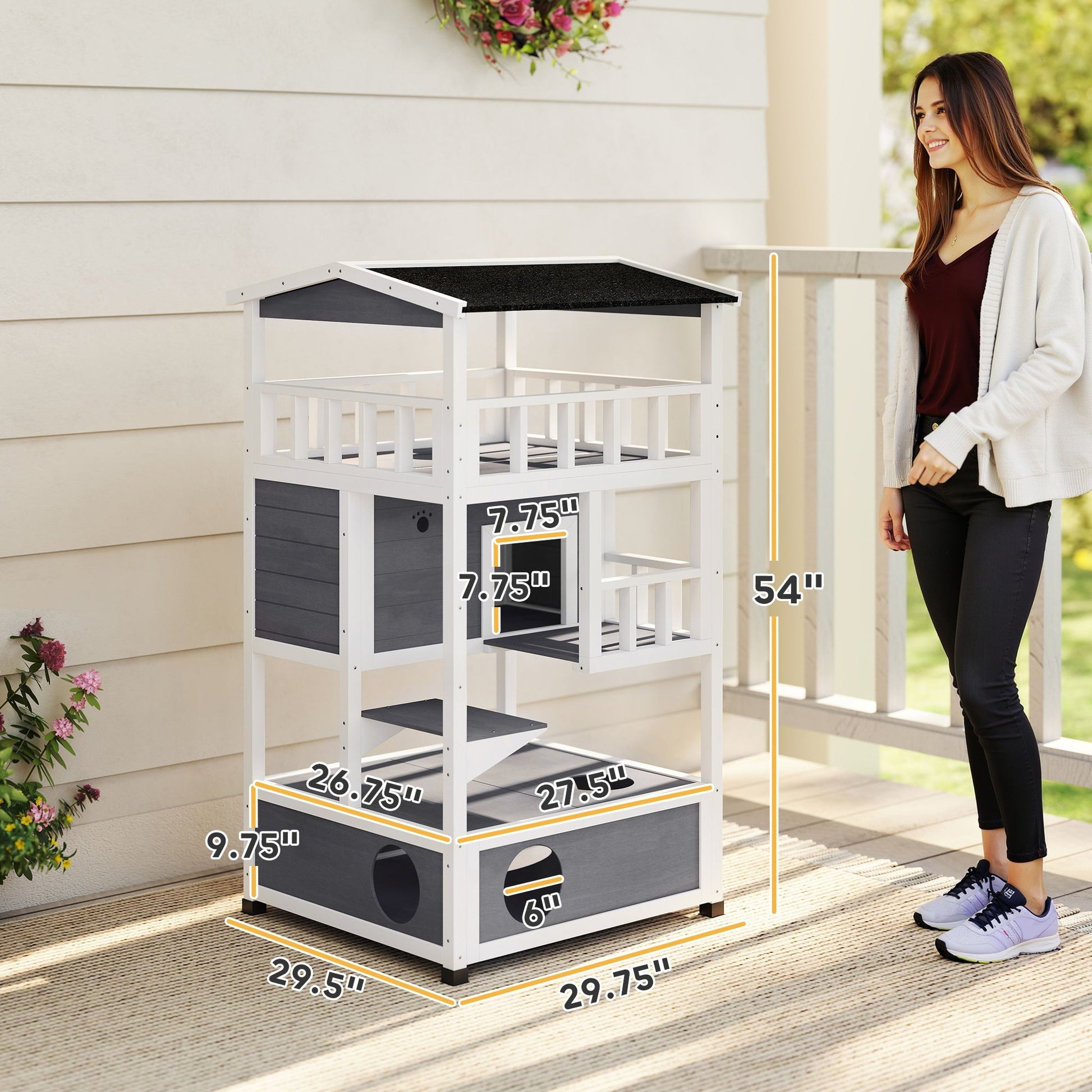 HKM-5816509 Outdoor Cat House with Asphalt Roof and Escape Doors – 3-Tier Feral Cat Shelter