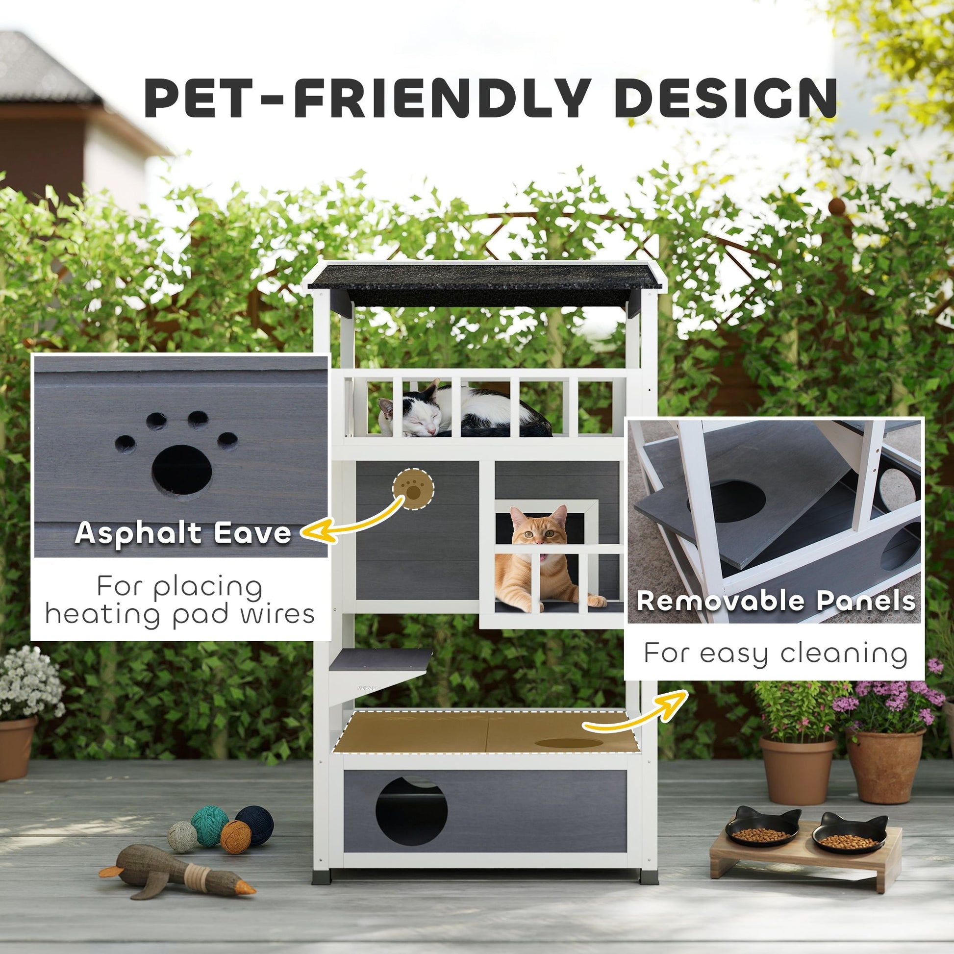 HKM-5816509 Outdoor Cat House with Asphalt Roof and Escape Doors – 3-Tier Feral Cat Shelter