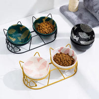 HKM-5816637 Cat Ceramic Double Bowl with Golden Ear Design for Cats and Small to Medium Dogs