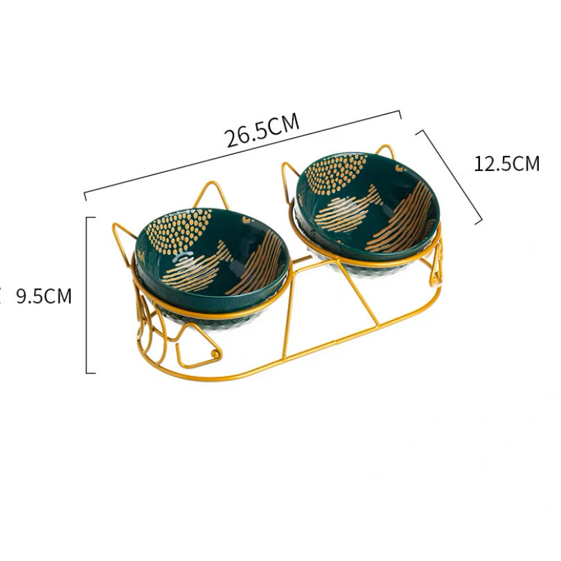 HKM-5816637 Cat Ceramic Double Bowl with Golden Ear Design for Cats and Small to Medium Dogs