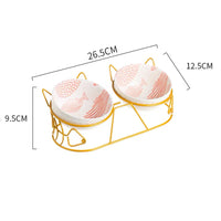 HKM-5816637 Cat Ceramic Double Bowl with Golden Ear Design for Cats and Small to Medium Dogs