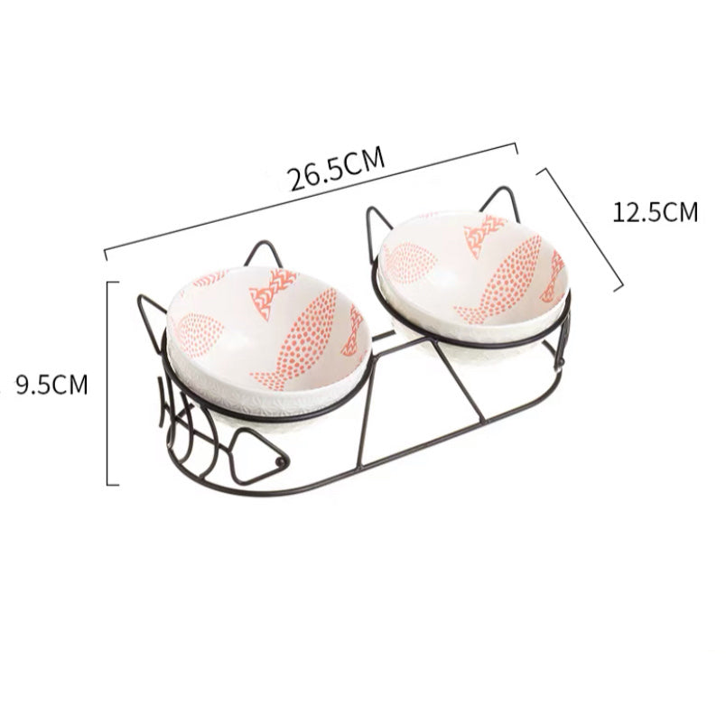 HKM-5816637 Cat Ceramic Double Bowl with Golden Ear Design for Cats and Small to Medium Dogs