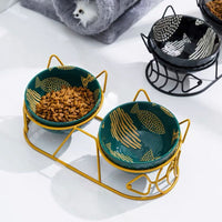 HKM-5816637 Cat Ceramic Double Bowl with Golden Ear Design for Cats and Small to Medium Dogs