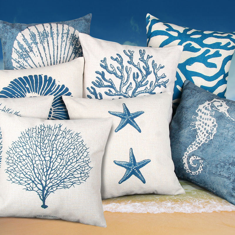 HKM-581715 Blue Mediterranean Ocean Style Cotton Pillowcase with Starfish and Coral Print