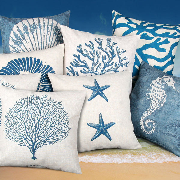 HKM-581715 Blue Mediterranean Ocean Style Cotton Pillowcase with Starfish and Coral Print