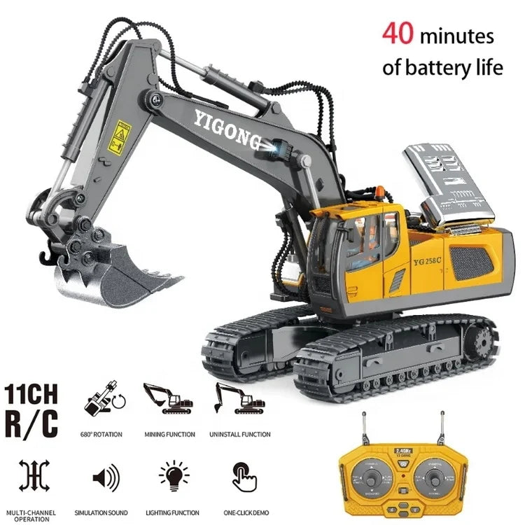 HKM-582163 1/24 Scale Remote Control Excavator with 11 Channels, Lights and Sounds, Rechargeable Battery