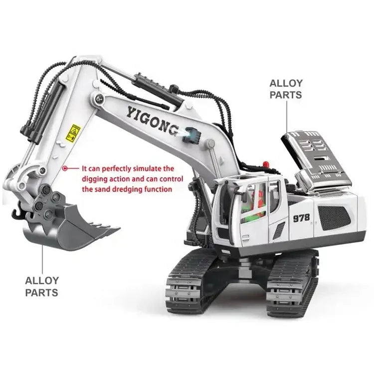HKM-582163 1/24 Scale Remote Control Excavator with 11 Channels, Lights and Sounds, Rechargeable Battery