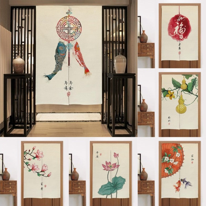 HKM-582419 Elegant Chinese Style Fabric Door Curtain - Multiple Size Options Available