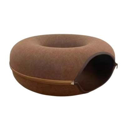 HKM-5827261 Interactive Donut Cat Tunnel Bed in Natural Felt, Soft Wool Pet Cave for Comfort and Play