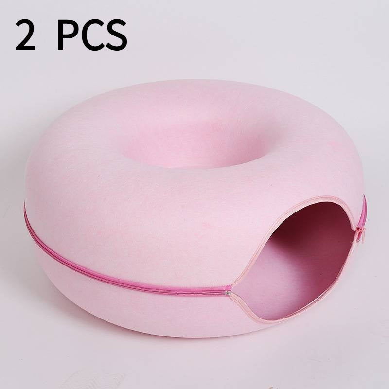 HKM-5827261 Interactive Donut Cat Tunnel Bed in Natural Felt, Soft Wool Pet Cave for Comfort and Play