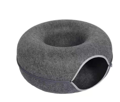 HKM-5827261 Interactive Donut Cat Tunnel Bed in Natural Felt, Soft Wool Pet Cave for Comfort and Play