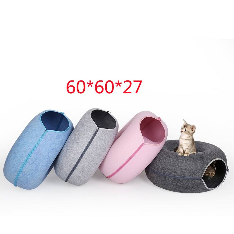 HKM-5827261 Interactive Donut Cat Tunnel Bed in Natural Felt, Soft Wool Pet Cave for Comfort and Play