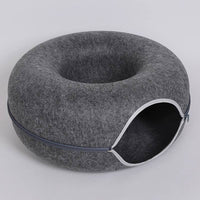 HKM-5827261 Interactive Donut Cat Tunnel Bed in Natural Felt, Soft Wool Pet Cave for Comfort and Play