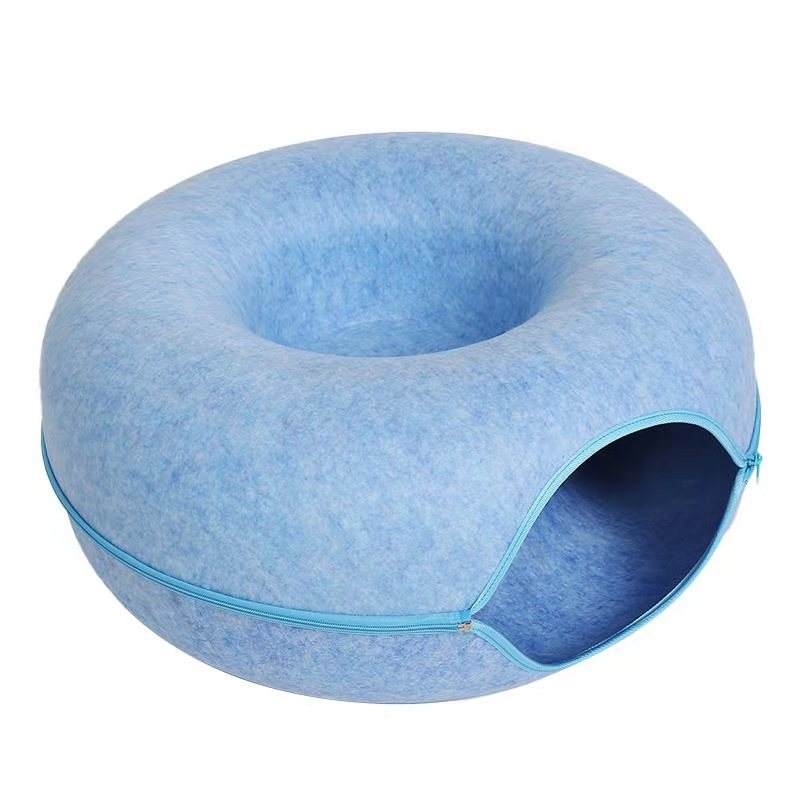 HKM-5827261 Interactive Donut Cat Tunnel Bed in Natural Felt, Soft Wool Pet Cave for Comfort and Play