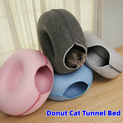 HKM-5827261 Interactive Donut Cat Tunnel Bed in Natural Felt, Soft Wool Pet Cave for Comfort and Play