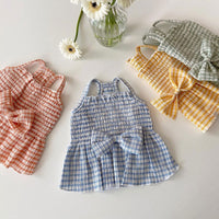 HKM-5835325 Spring and Summer Dog Bow Pleated Check Skirt in Pink, Yellow, and Blue Plaid - Multiple Sizes Available