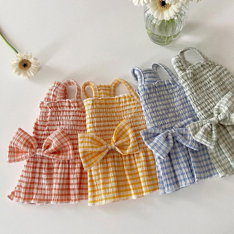 HKM-5835325 Spring and Summer Dog Bow Pleated Check Skirt in Pink, Yellow, and Blue Plaid - Multiple Sizes Available
