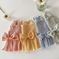 HKM-5835325 Spring and Summer Dog Bow Pleated Check Skirt in Pink, Yellow, and Blue Plaid - Multiple Sizes Available