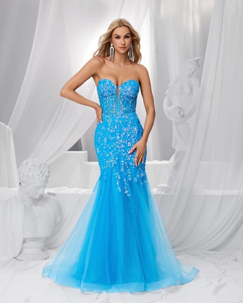 HKM-583571 Elegant Blue Evening Gown with Exquisite Detailing for Women