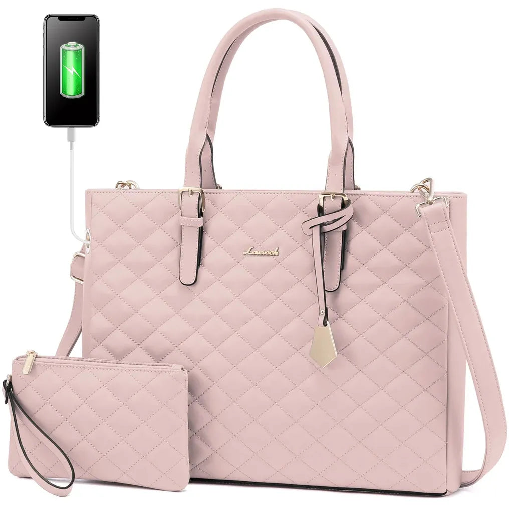HKM-583571 Quilted PU Leather Laptop Briefcase and Tote Bag Set for Women - Fits 15.6 Inch Laptops